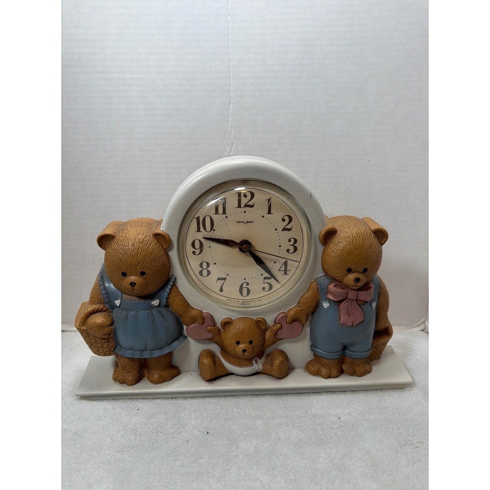 Burwood Homco Wall Clock Teddy Bear Family 1987 Nursery Decor Brown Blue USA